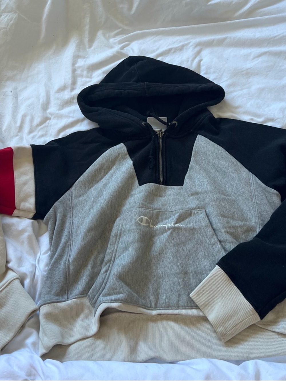 Champion women’s Colorblock Zip Hoodie - Black/Gray/Cream with Red Accent